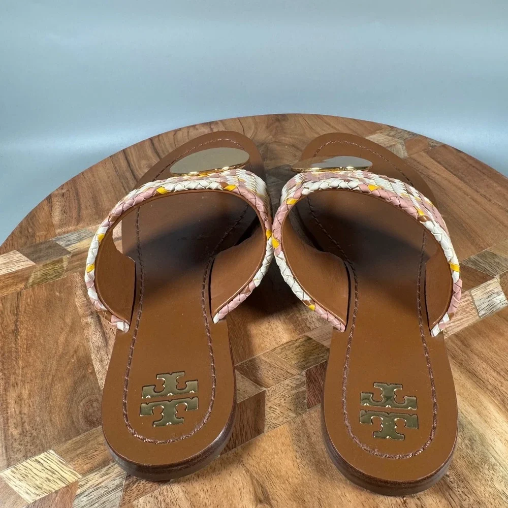 Tory Burch Patos Disk Woven‎ Leather Thong Sandals Gold Logo Women Size 7M